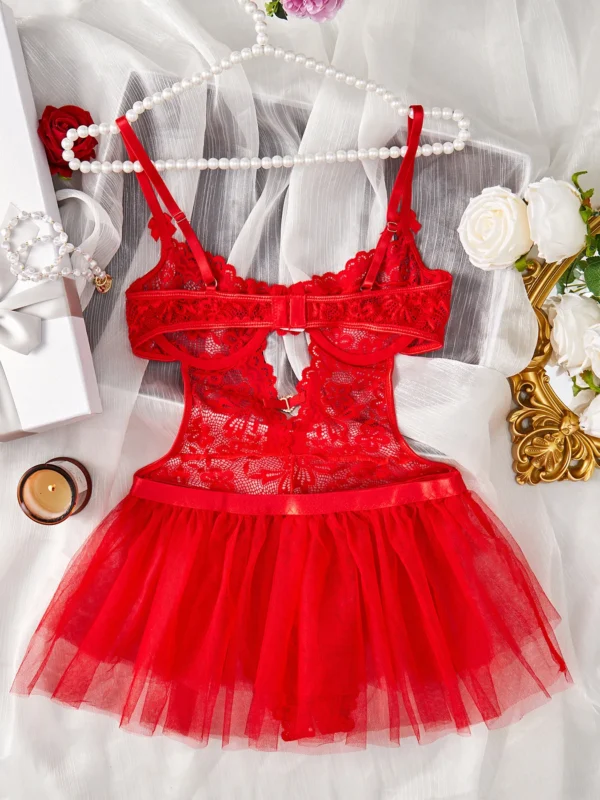 Set Sexy Aperto - Body Intimo in Pizzo Trasparente con Gonna da Notte, Lingerie Erotica con Corsetto, Reggiseno e Slip Coordinati - immagine 5