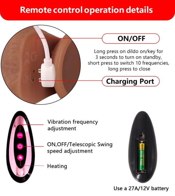 Pene Artificiale Ricaricabile con Movimento Telescopico, Oscillazione, Riscaldamento e Controllo Remoto, Vibratore in Silicone per Donne - immagine 6