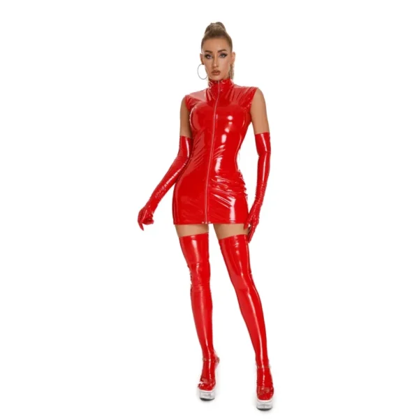 Lingerie da donna in pelle di lattice - Mini abito esotico sexy con guanti e calzini, Catsuit femminile, Costume da padrona - immagine 19